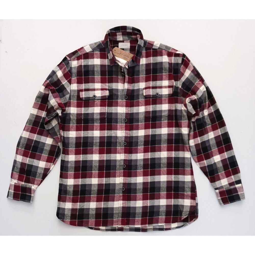 NWT Jachs Brushed Cotton Plaid Shirt Blk/Cream/Burgundy  Pockets XLTall